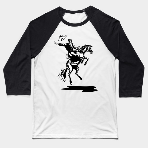 Bronc Riding Competition Retro Black and White Baseball T-Shirt by retrovectors